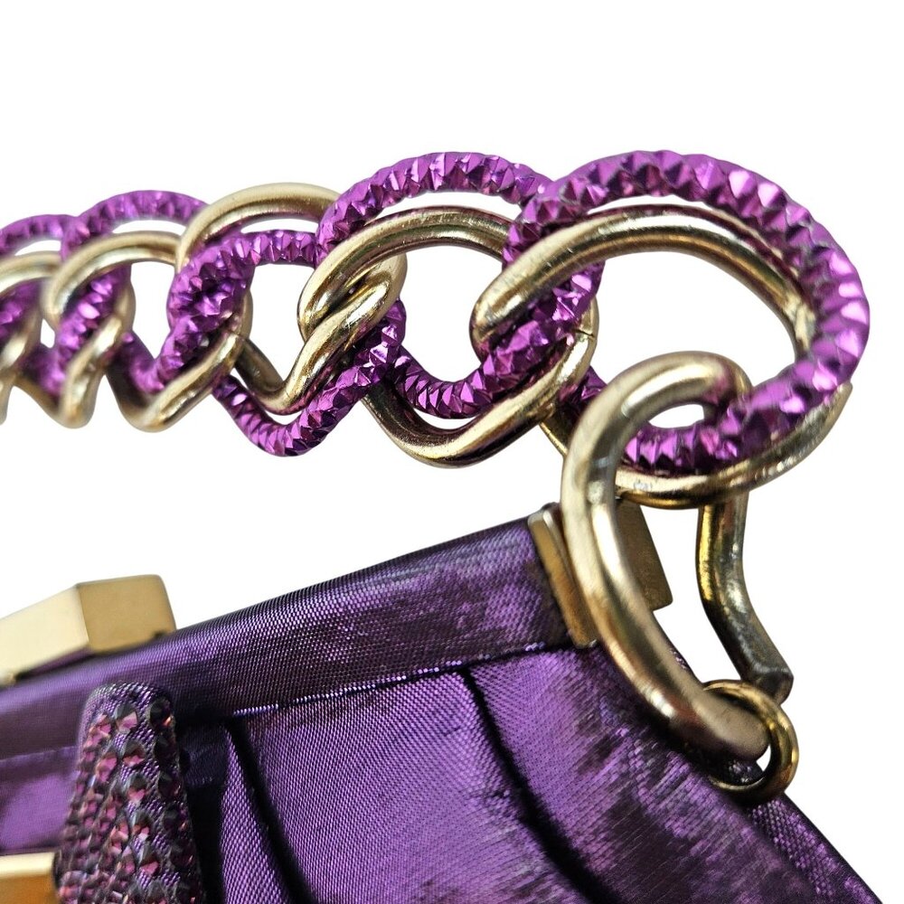 Fabiana Mori Italian Purple Satin Evening Bag Rhinestone Bow Chain Handle 2010s - Picture 11 of 12